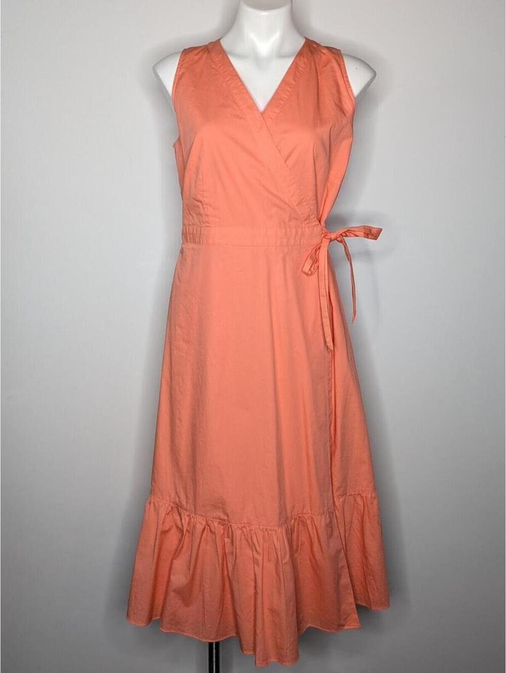 Talbots Peach V Neck Sleeveless Cotton Wrap Midi Dress 8